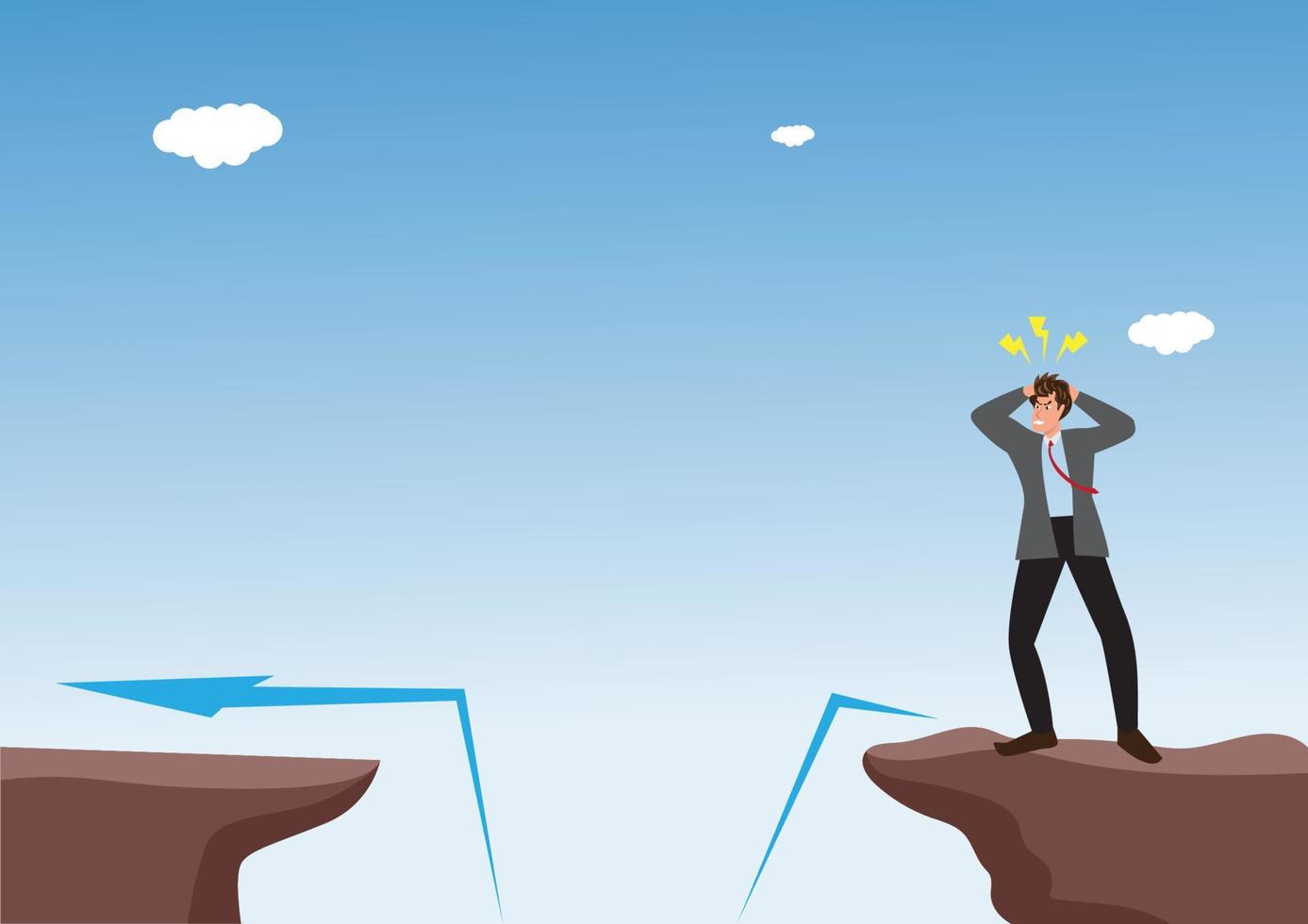 Business setbacks and problem solving concept with business people standing over a big gap. Symbol of overcoming obstacles, strategy, analysis, creativity vector illustration
