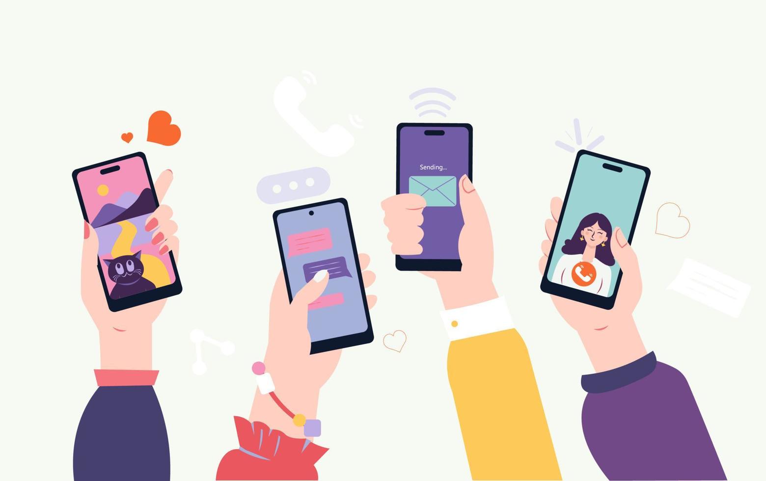 Young People use Smartphones and Surfing in Social Media. Boys and Girls Chatting, Watching Video, Liking Photos. Female and Male Characters Talking in Mobile App. Flat Cartoon Vector Illustration.