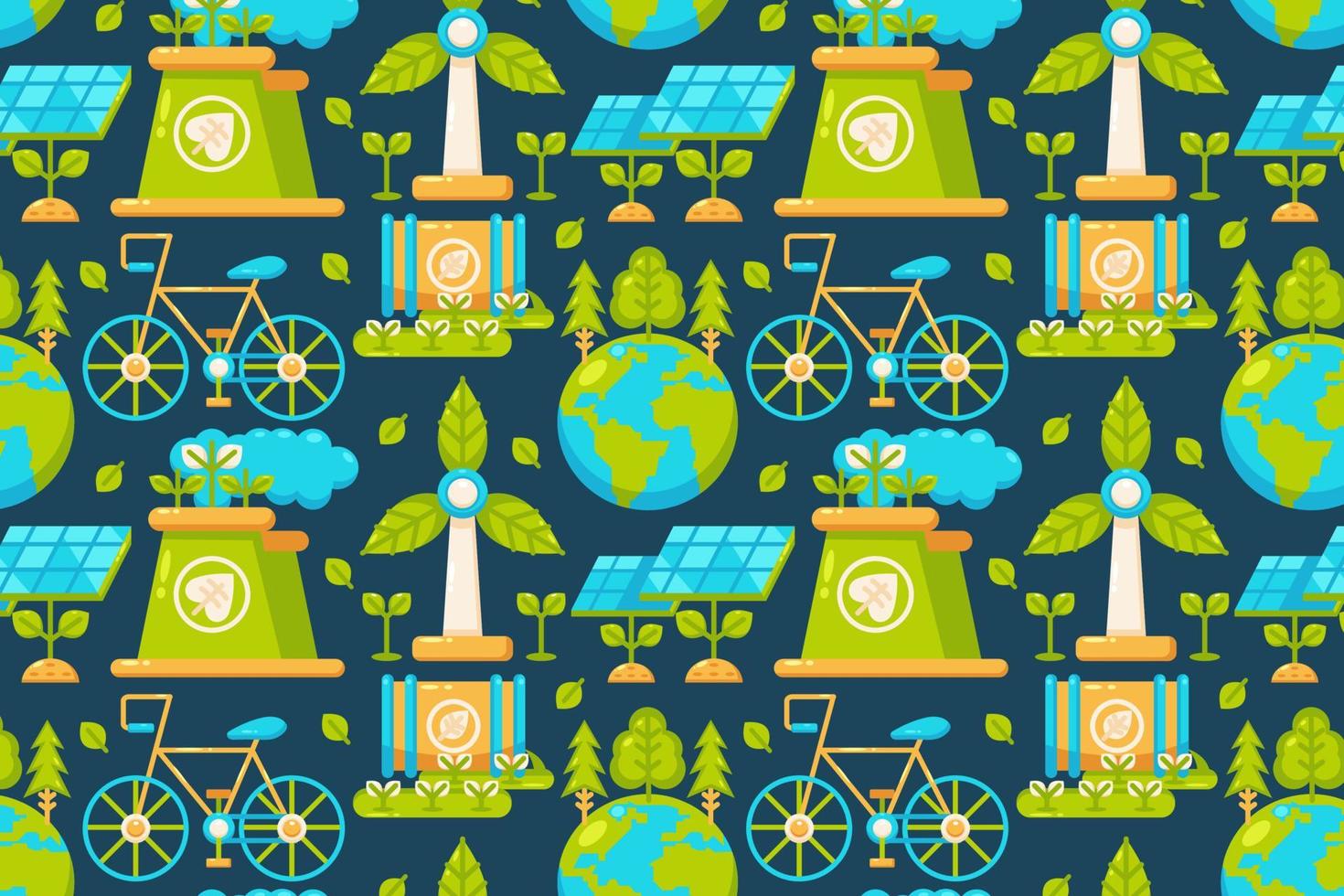 Happy Earth Day. Earth, factories, windmills, bicycles, solar panels, and natural waste patterns vector
