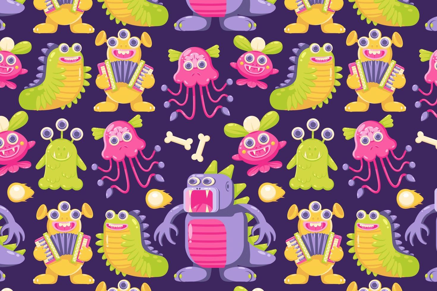 Cute monsters. Caterpillar patterns, crocodiles, playing music and jellyfish monsters vector