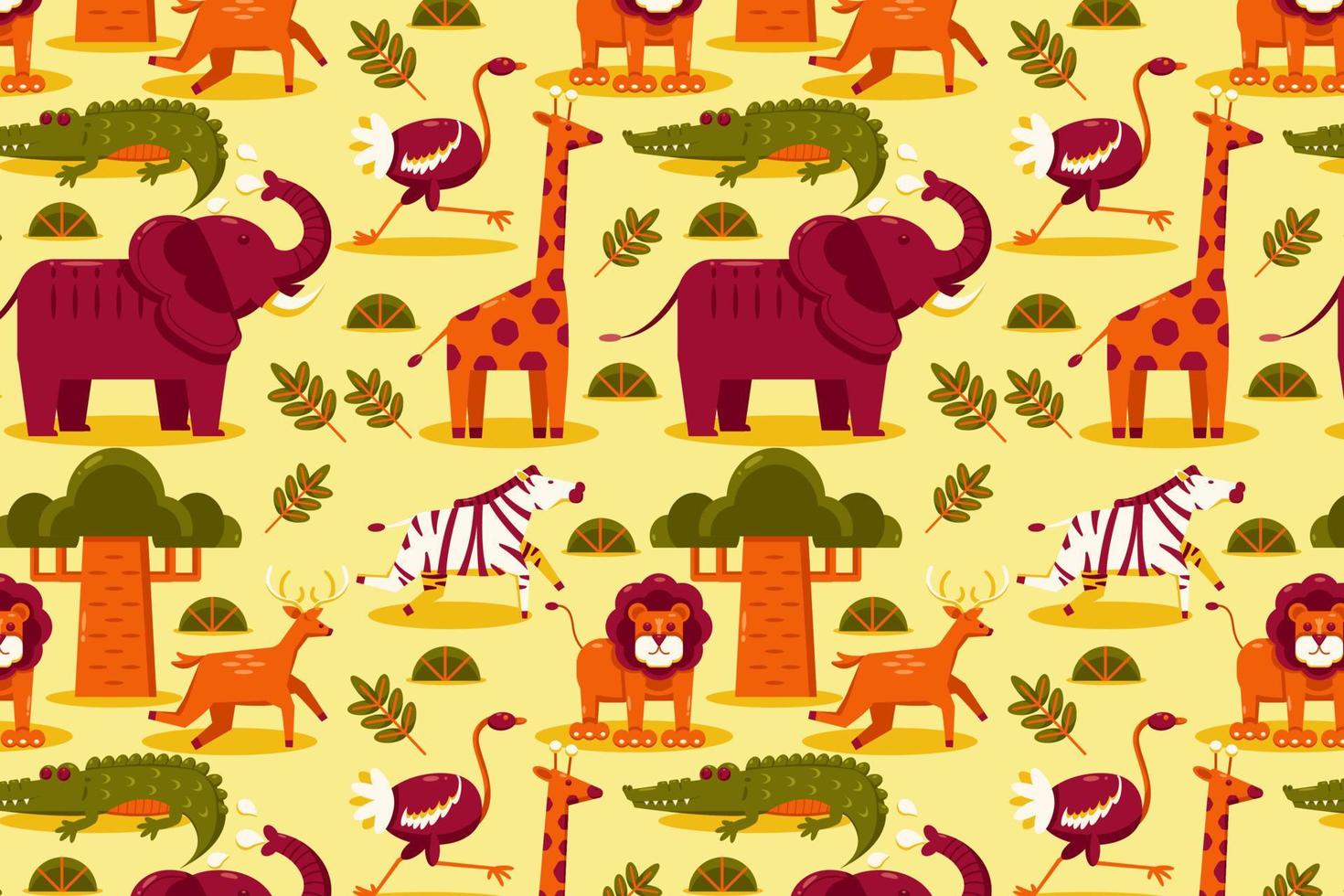 African animals. Patterns of elephant, lion, giraffe, gazelle, antelope, crocodile, ostrich, and zebra vector