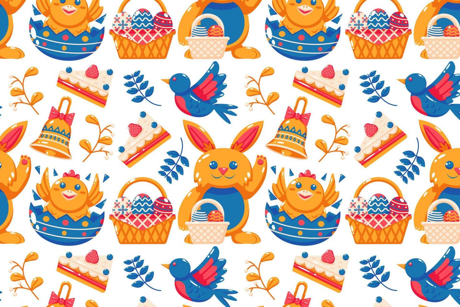 Happy Easter pattern. Bunny, chicks, birds, cake, bells and egg basket vector