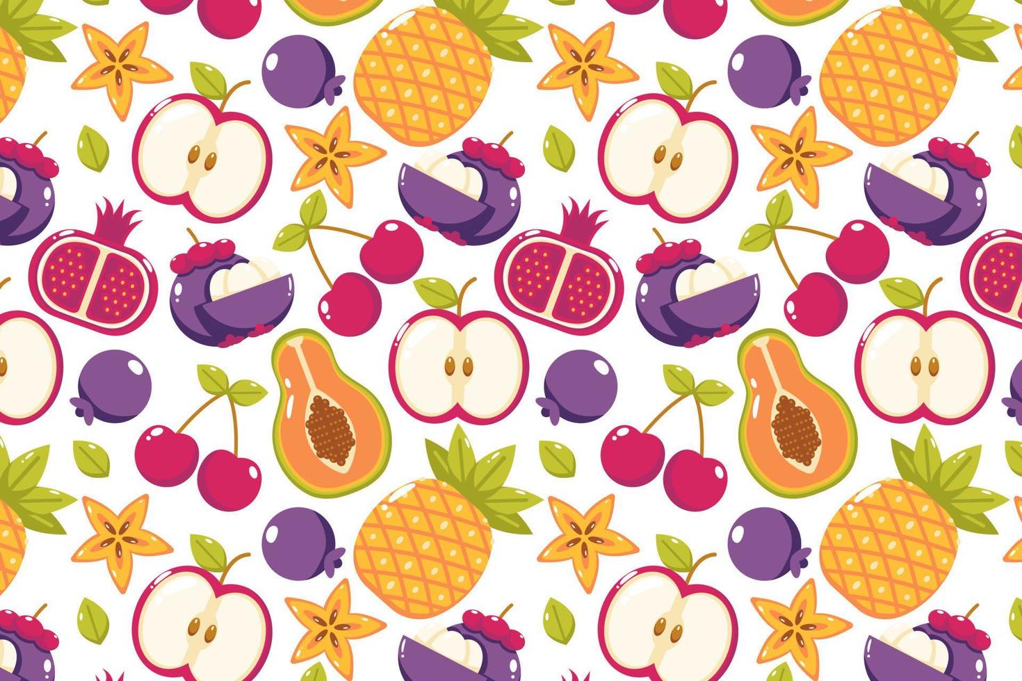 Fresh fruit pattern. Papaya, apple, chery, pineapple, mangosteen, star fruit and pomegranate. vector