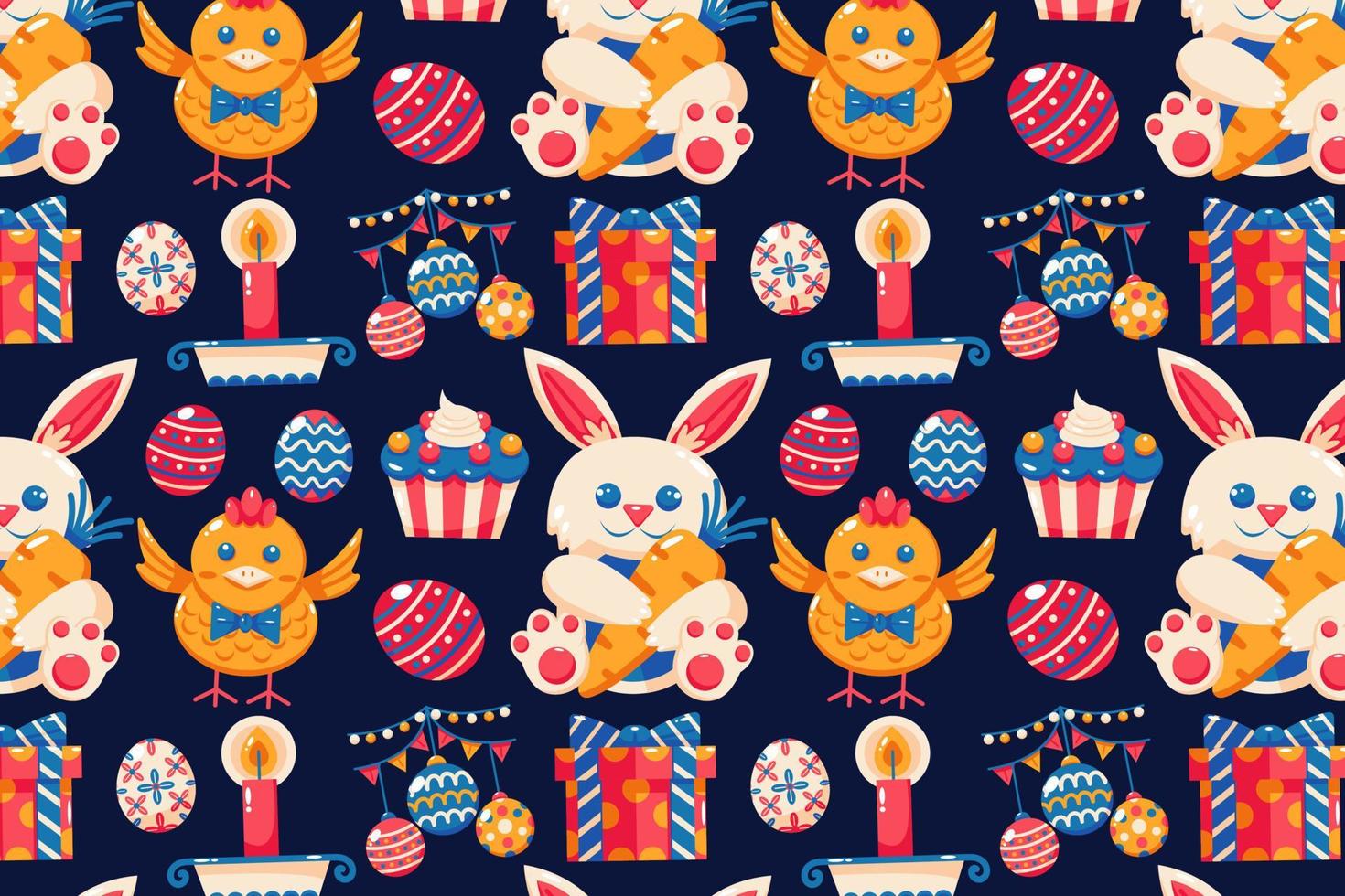 Happy Easter pattern. Bunny holding carrots, chicks, eggs, gifts, candles and cookies vector