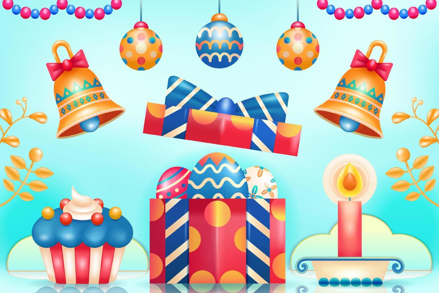 Happy Easter Day. 3d illustration of gifts, eggs, bells, cakes and candles vector