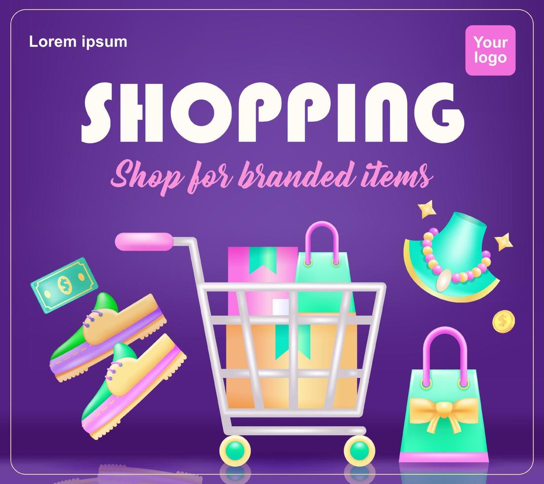 Shopping, shopping for branded goods. 3d illustration of troly, shoes and jewelry vector