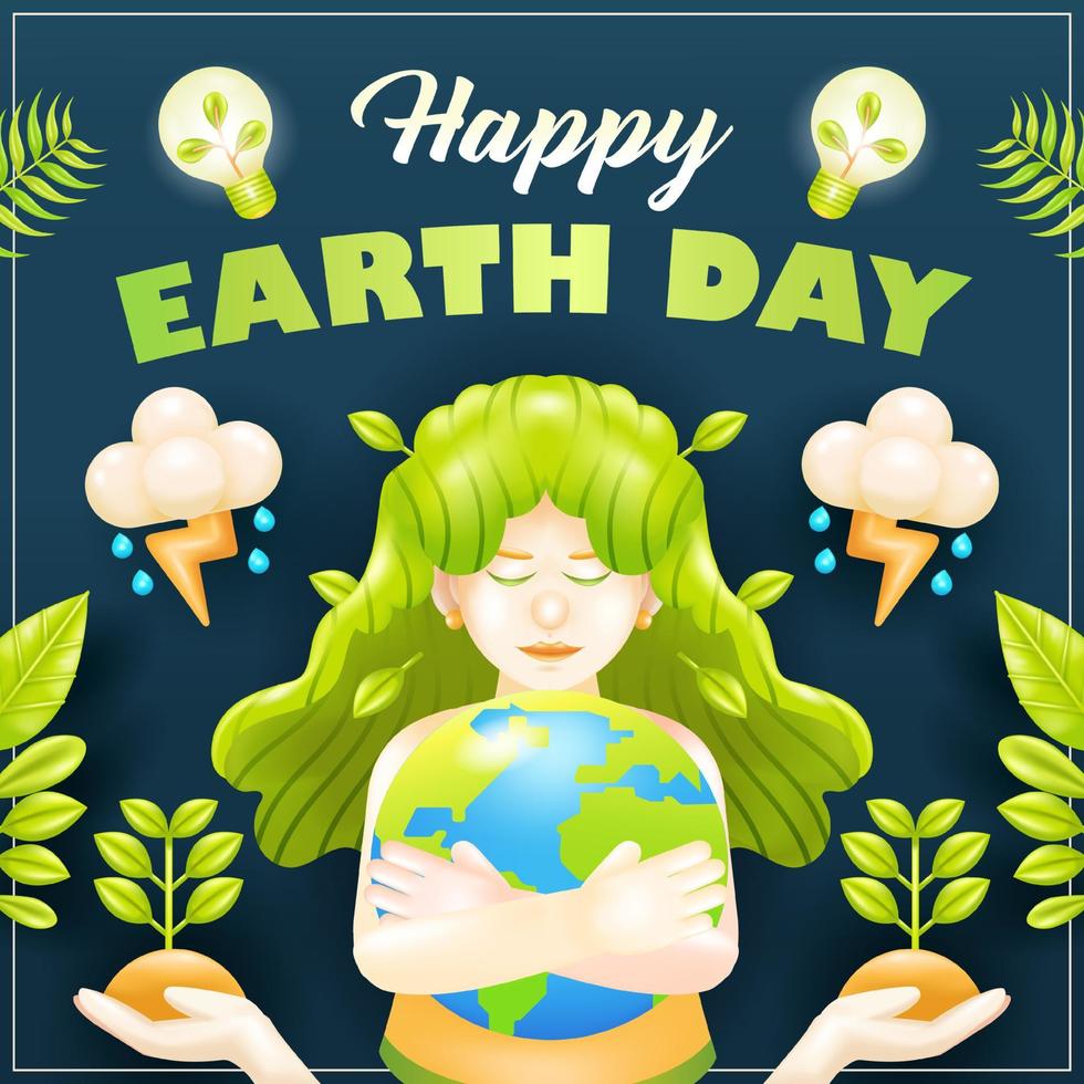 Happy Earth Day. Vector 3d woman hugging the earth with plant ornaments