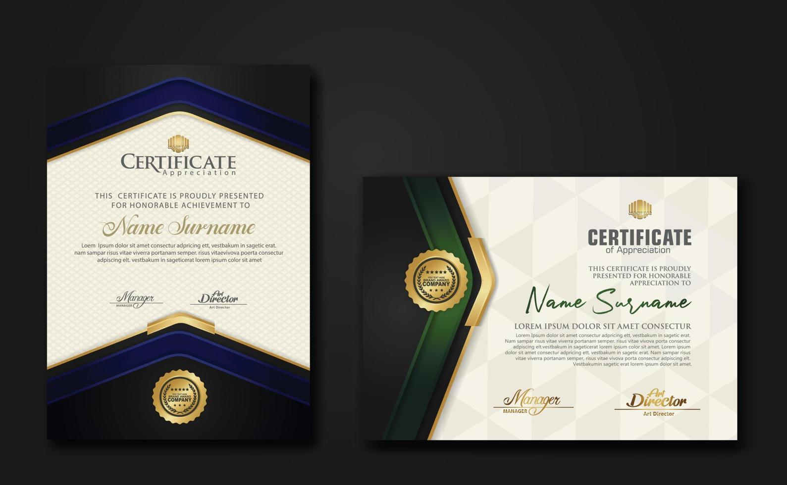 New design two set luxury certificate template with shadow effect on overlap layers and cream color on pattern background vector