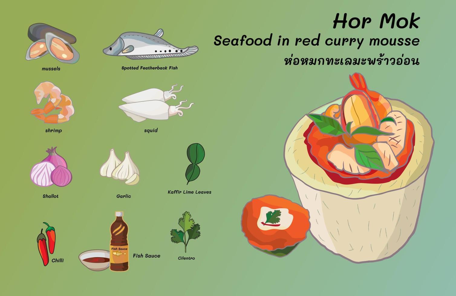 Hor Mok Thai Food Seafood mussels squid shrimp with red curry steam in young whole coconut This delicious curry is then normally put into a coconut shell or banana leaf. vector