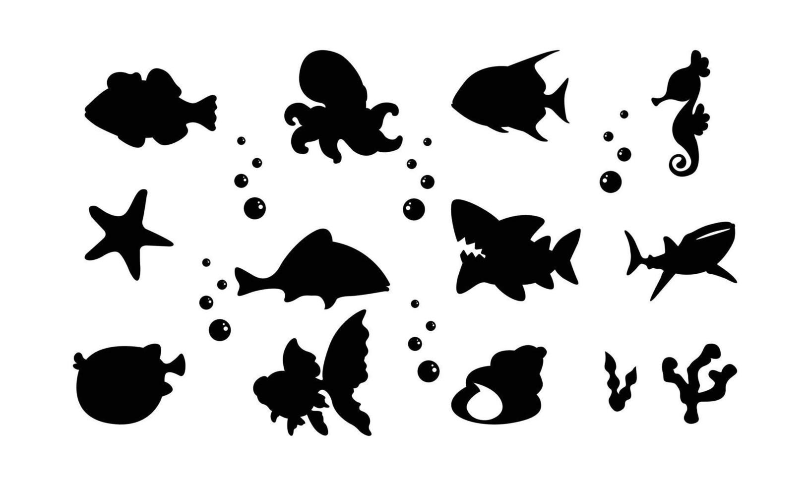 Fish sea animals silhouette vector set bundle, element, template, illustration shadow of starfish, koi, seahorse, octopus, shark editable