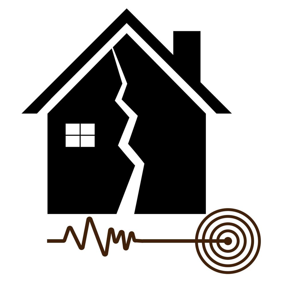 terremoto icono. roto casa después terremoto. aplastada edificio departamento. natural desastre icono y cataclismo infografía. más rico terremoto magnitud escamas, agrietado hogar colapsado destruido edificio. vector