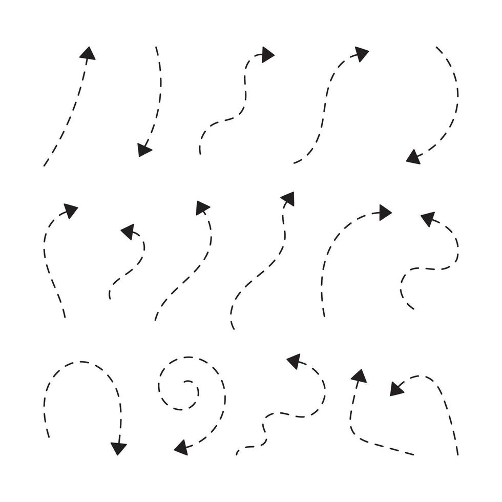 Set of hand drawn dashed arrows isolated vector illustration.