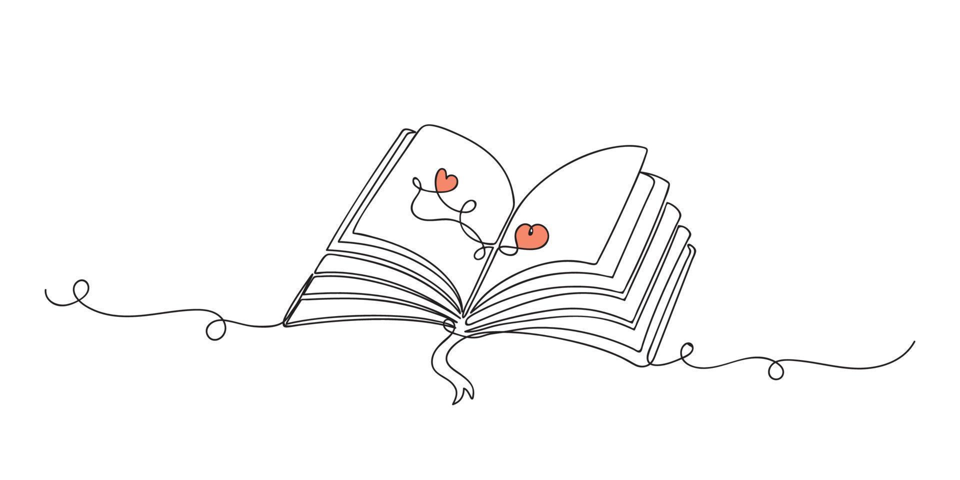 continuo uno línea dibujo abierto libro con corazones forma aislado plano diseño vector ilustración.