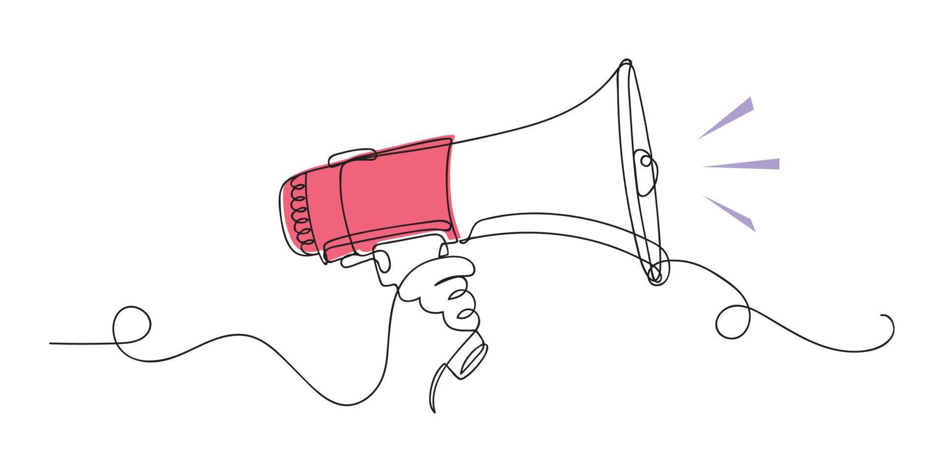 Line art megaphone announcement, one continuous single line drawing of hand hold a speaker megaphone isolated. vector