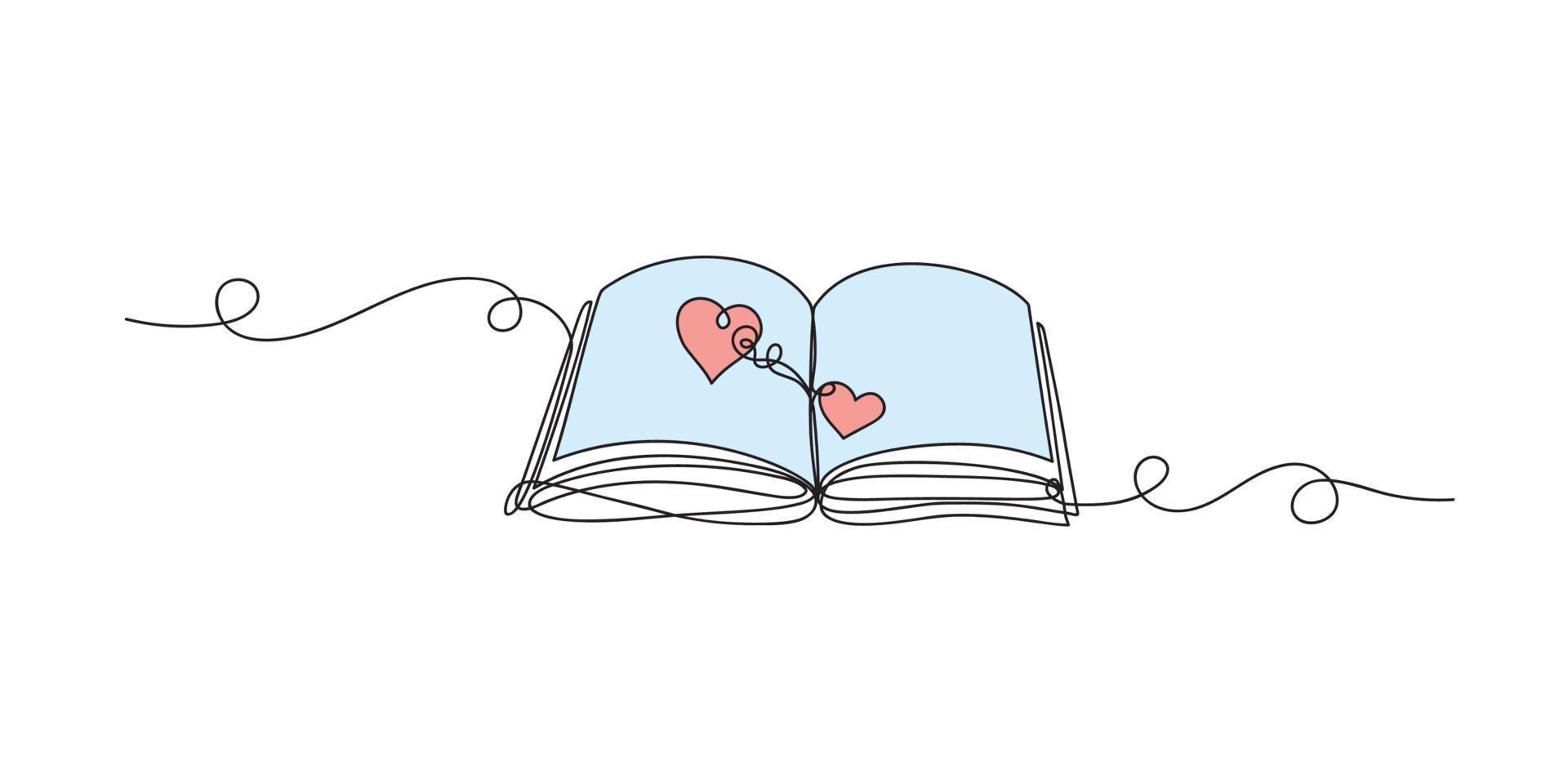 Continuous one line drawing open book with hearts shape isolated flat design vector illustration.