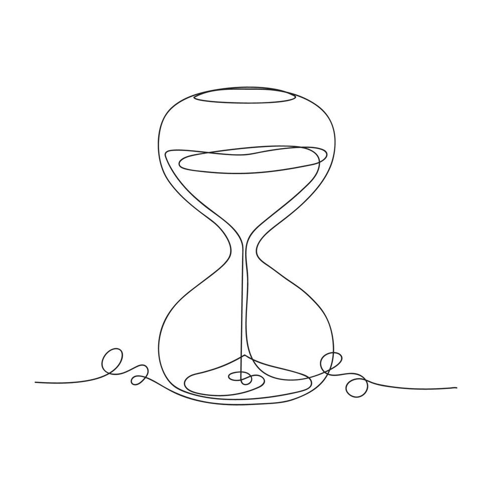 Arte línea uno continuo línea dibujo de reloj de arena con fluir arena aislado vector ilustración.