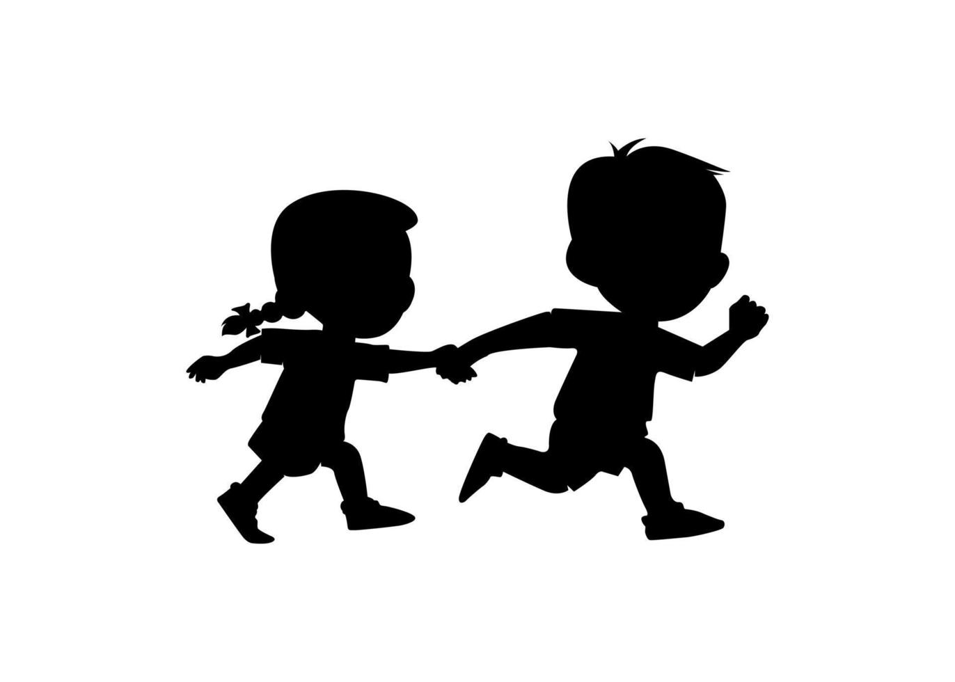 Two cute cartoon kids silhouette running together holding hands, intimate brother and sister vector