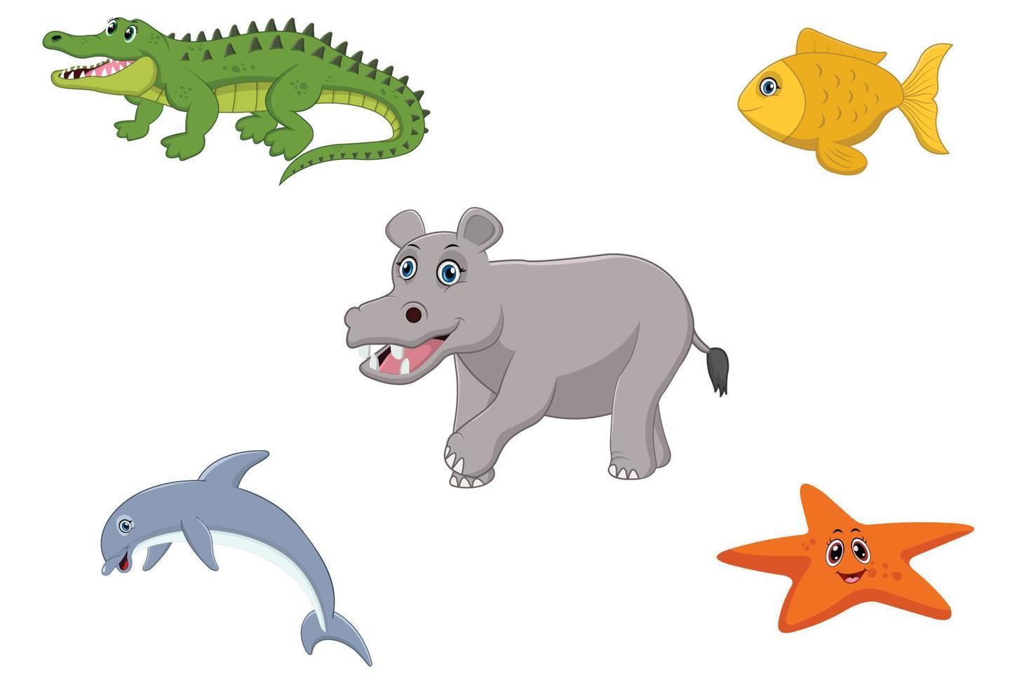 Cartoon sea animals set, cute funny alligator, fish, hippo, dolphin and