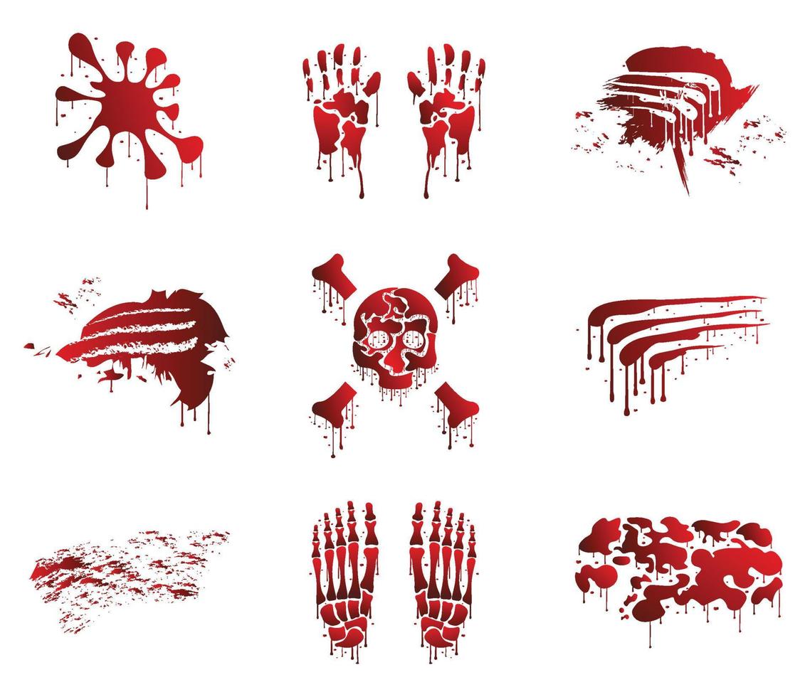 conjunto de varios degradado estilo sangre con humano cráneo, manos, pies tinta o pintar salpicar aislado en blanco antecedentes. vector