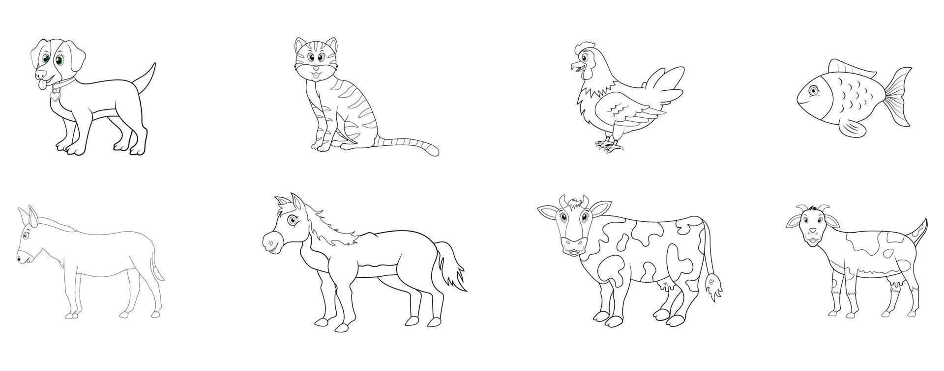 Set of pets including a cat, dog, hen and other domestic animals isolated on a white background vector illustrations.