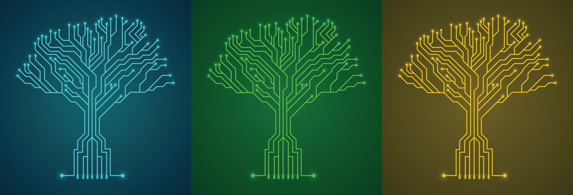 Circuit board tree set with different colors, technology background concept vector illustration