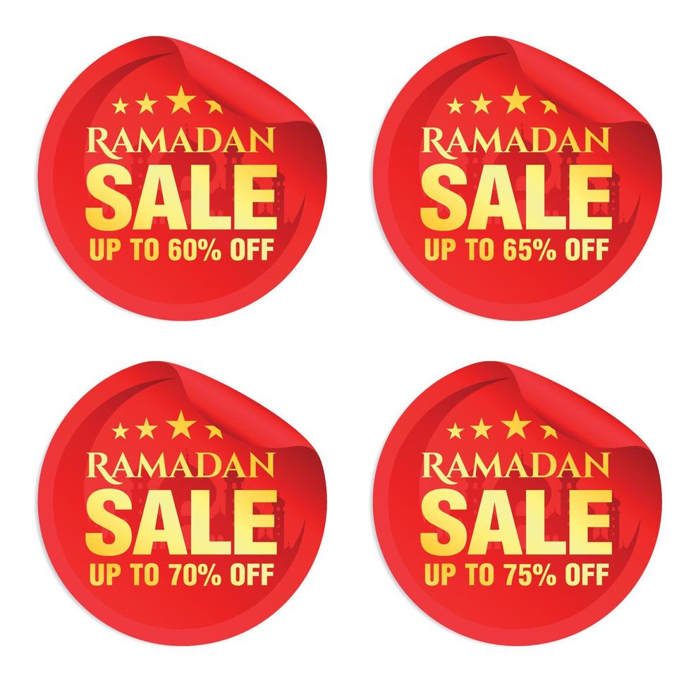 Ramadán rebaja rojo pegatinas conjunto 60, sesenta y cinco, 70, 75 apagado descuento vector