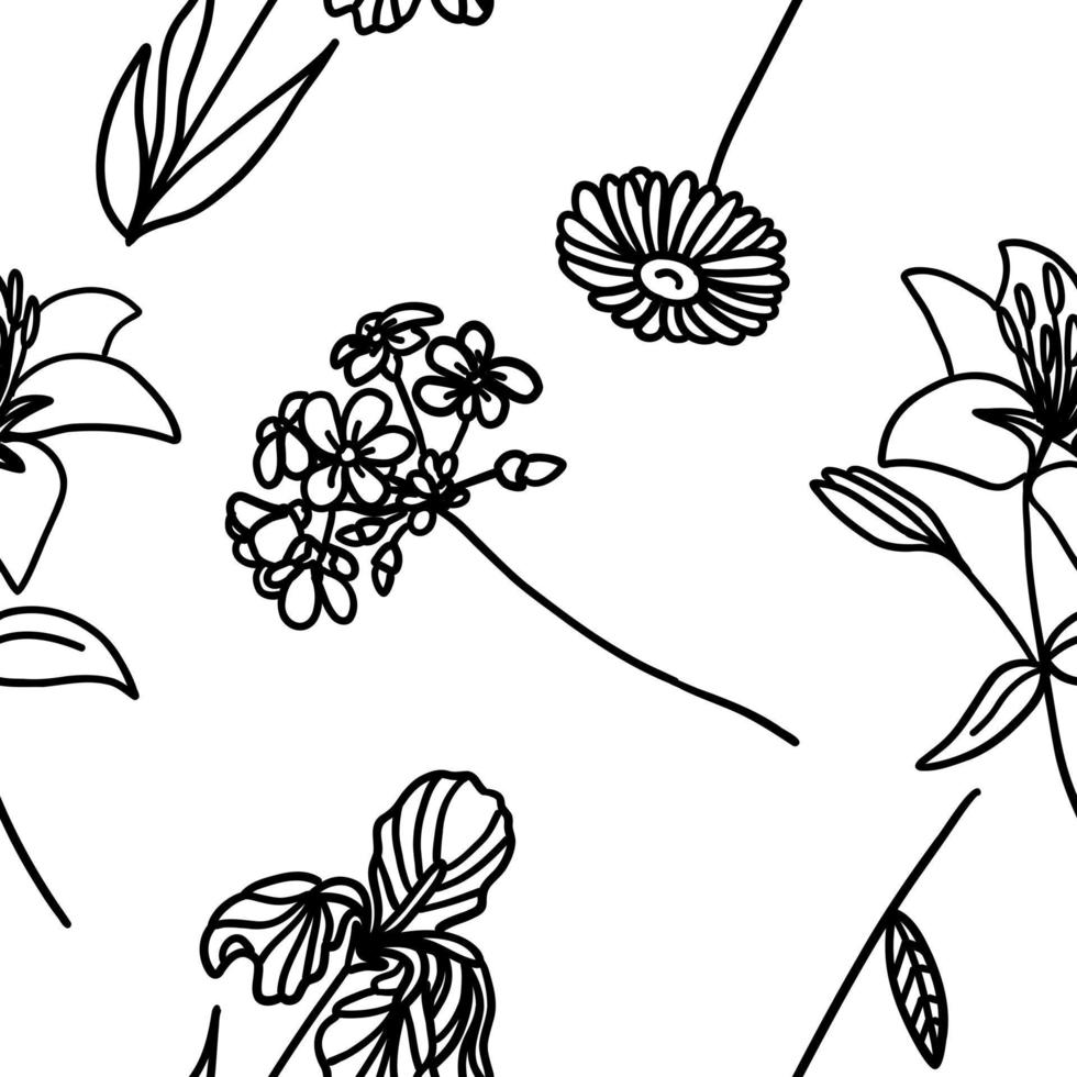 Seamless pattern with flowers in outline doodle style on a white background. Sketch for coloring. vector