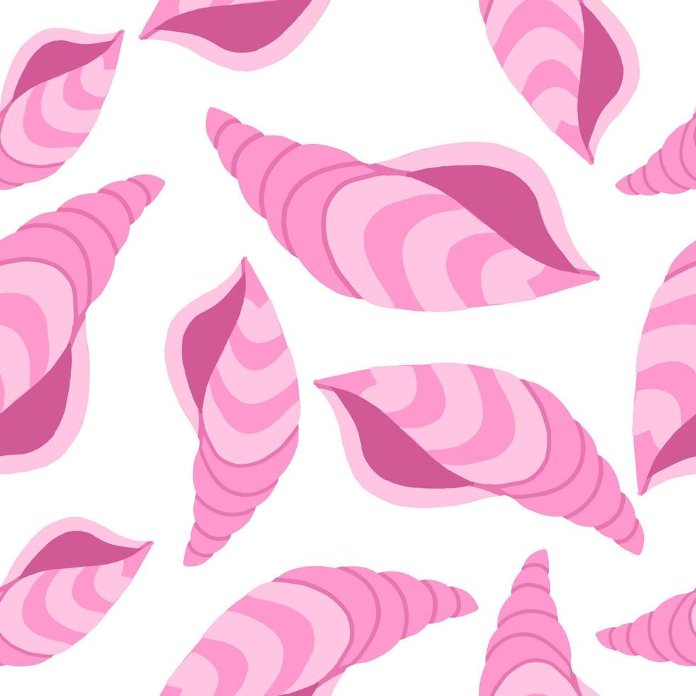 Pink ocean sea shell. Seamless pattern. Vector illustration in cartoon flat style isolated on white background.