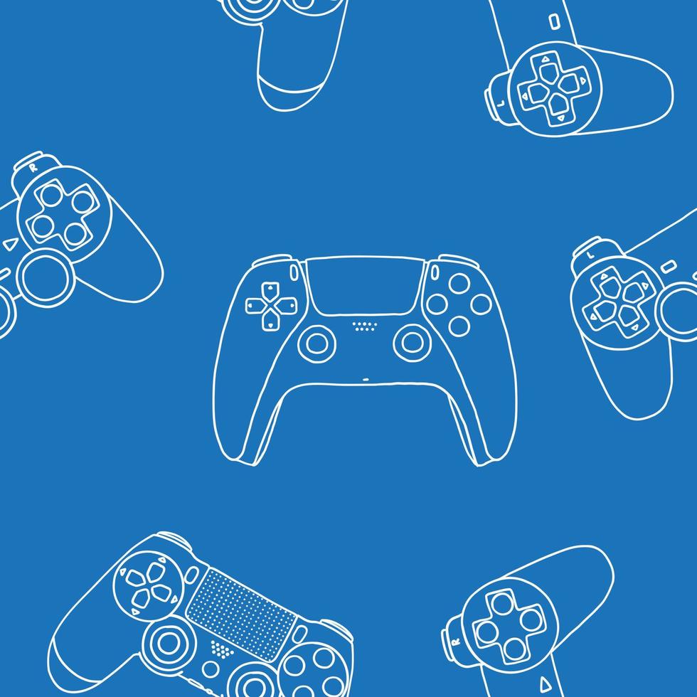 Seamless pattern of game controllers. Vector illustration in hand-drawn outline flat style on blue background