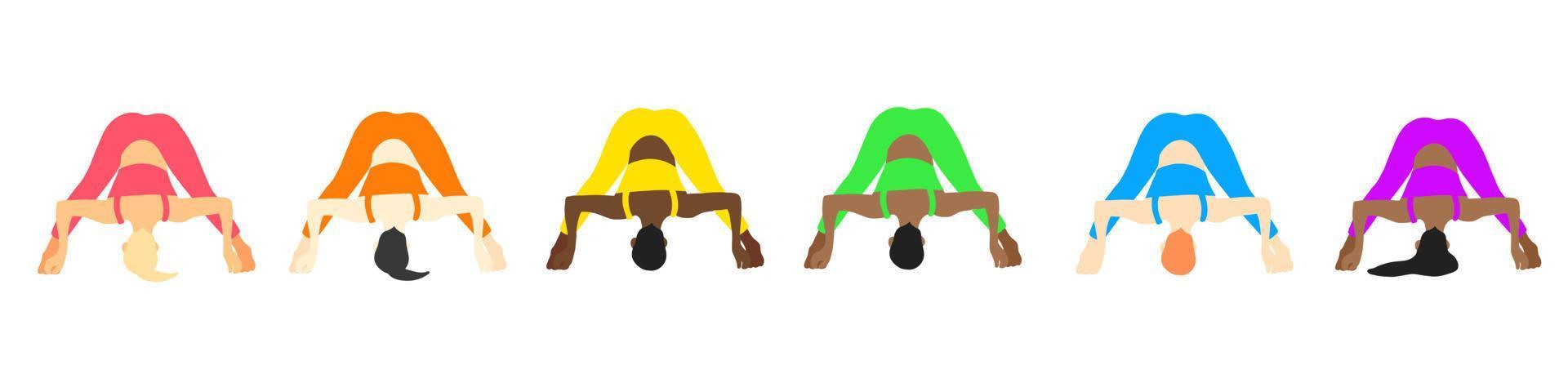 colección de posturas de yoga. europeo, africano, asiático. mujer mujer niña. ilustración vectorial en estilo plano de dibujos animados aislado sobre fondo blanco. vector