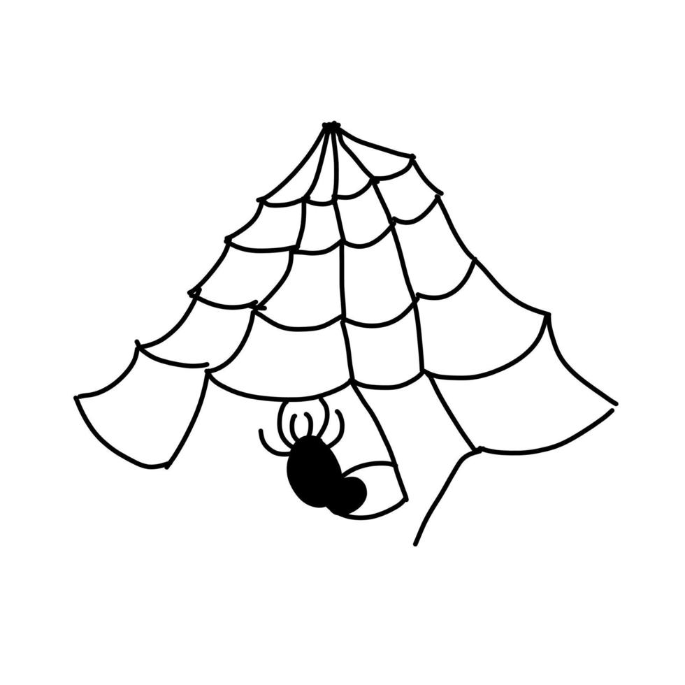 Simple spider on a web in cartoon doodle style. Vector illustration isolated on white background.