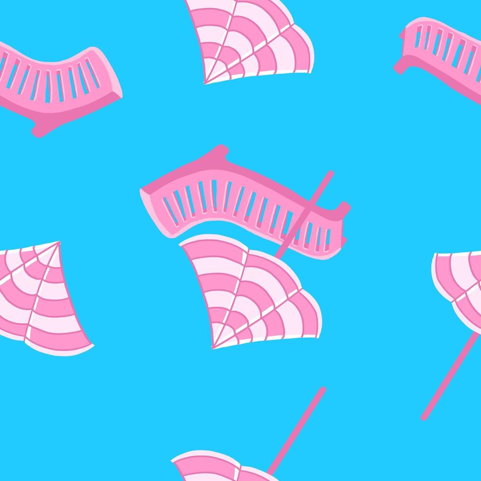 Pink beach umbrella and lounger seamless pattern. Vector illustration in cartoon flat style isolated on blue background
