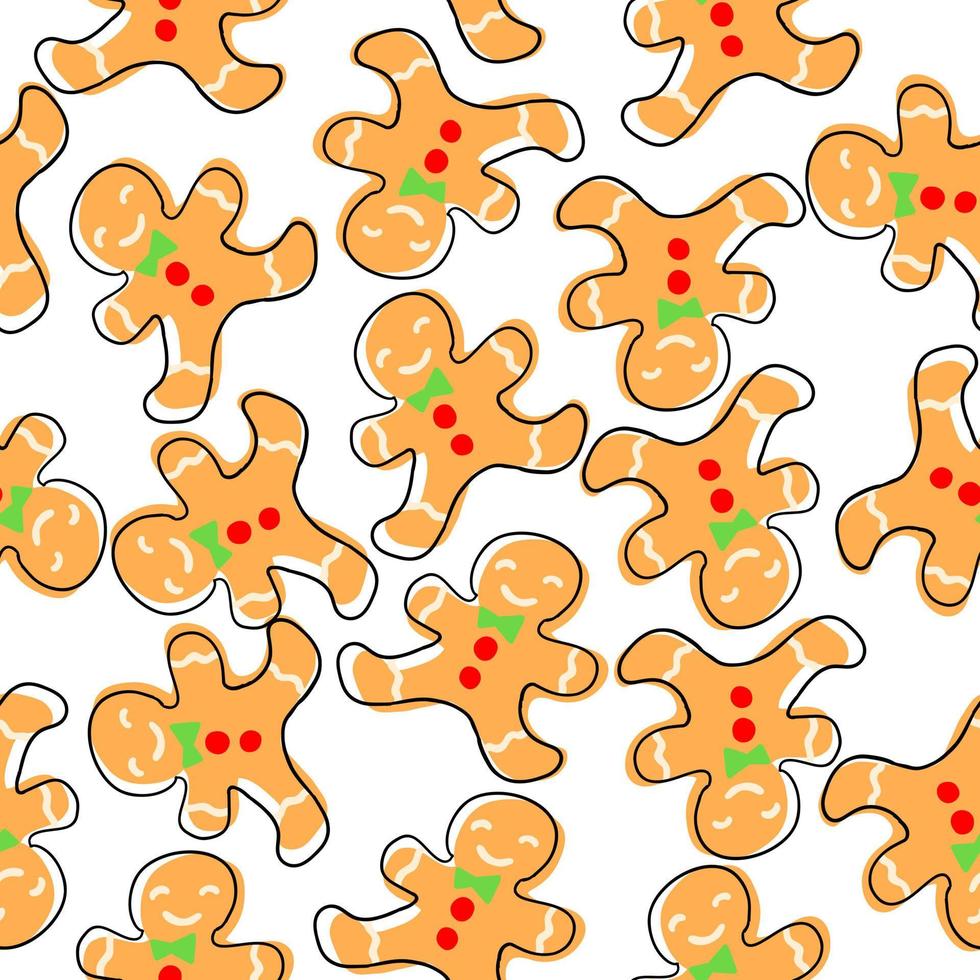 Gingerbread man seamless pattern in cartoon style. Christmas and New Year cookie. Vector illustration isolated on white background.