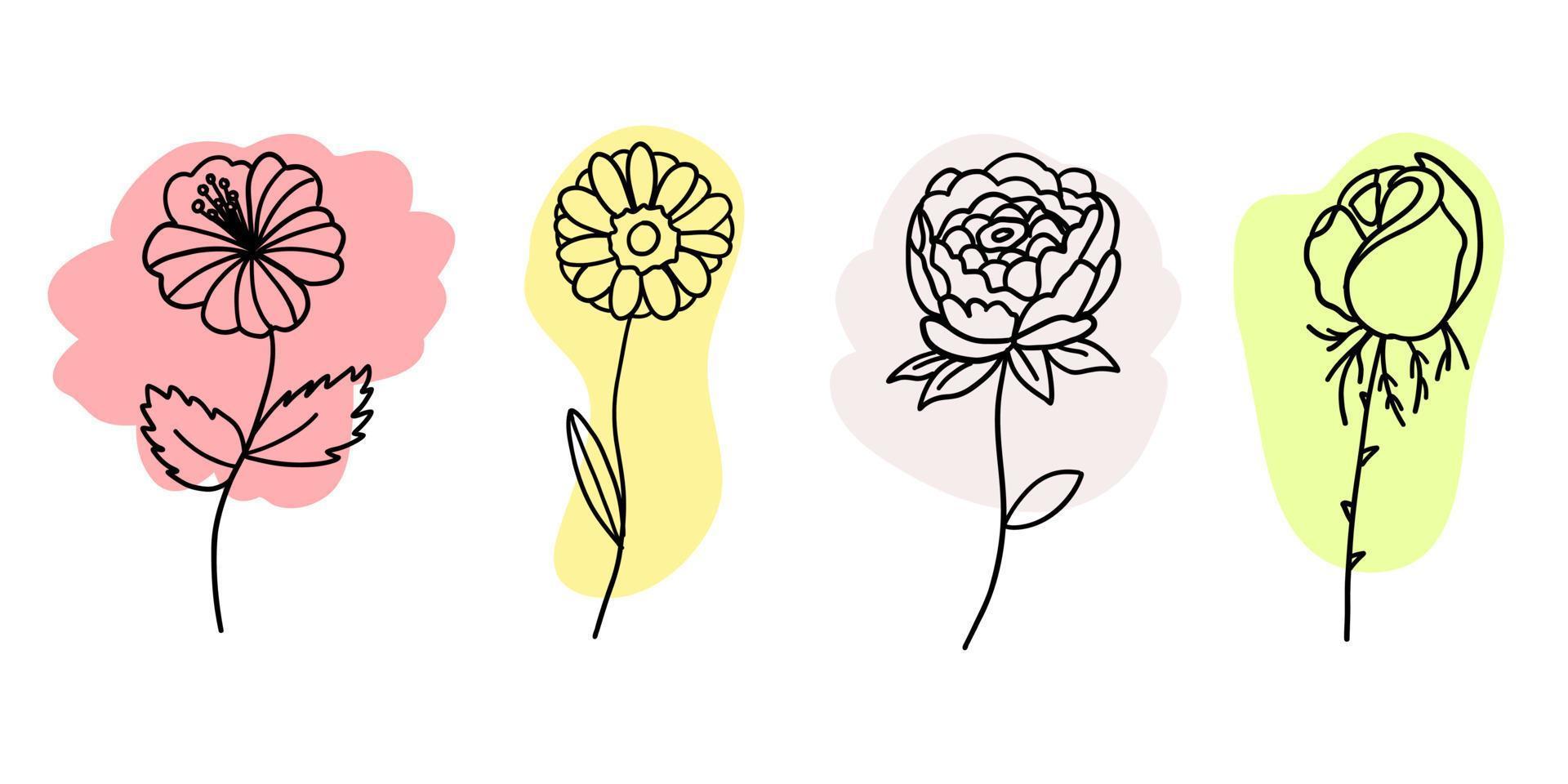 flores con pincel de colores en estilo de dibujos animados de fideos planos. conjunto de ilustración vectorial sobre fondo blanco. vector