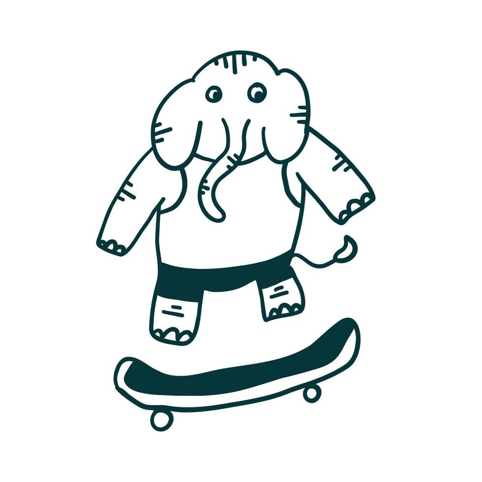 Elephant-skateboarder. Vector illustrations in outline doodle style isolated on white background.