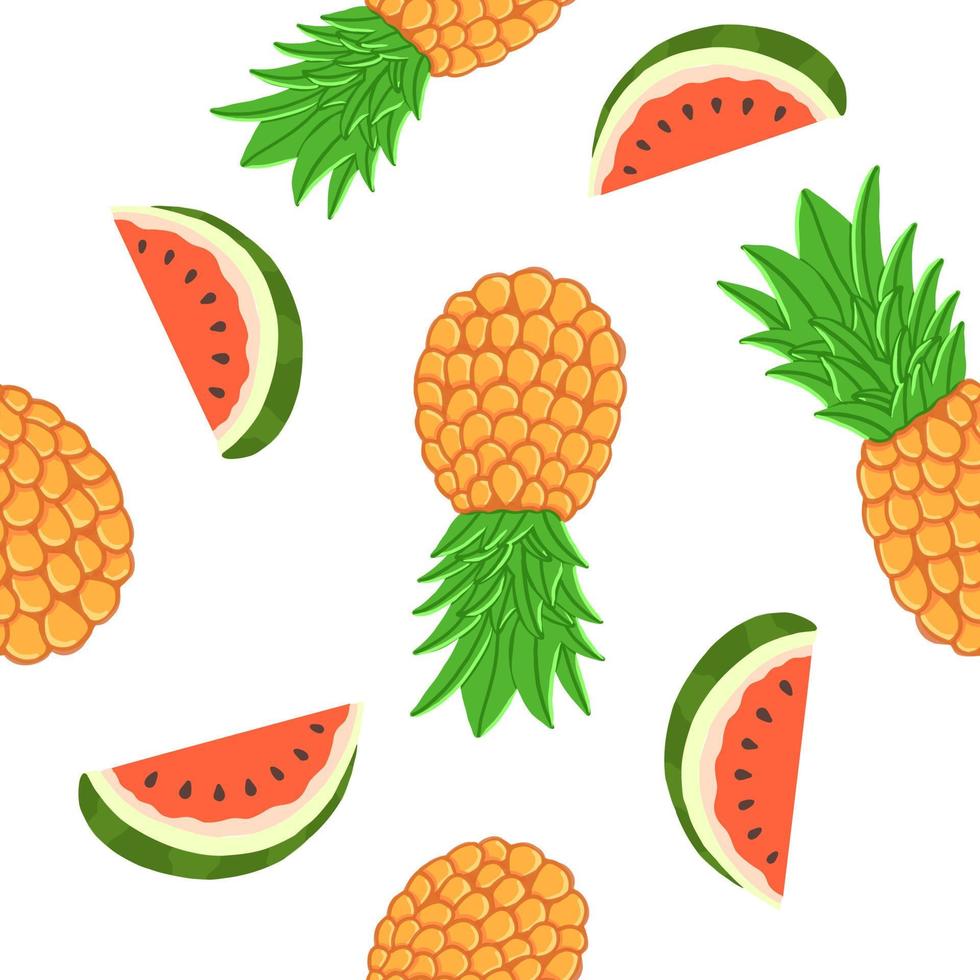 Juicy watermelon and pineapple seamless pattern. Vector illustration in flat cartoon style isolated on white background.