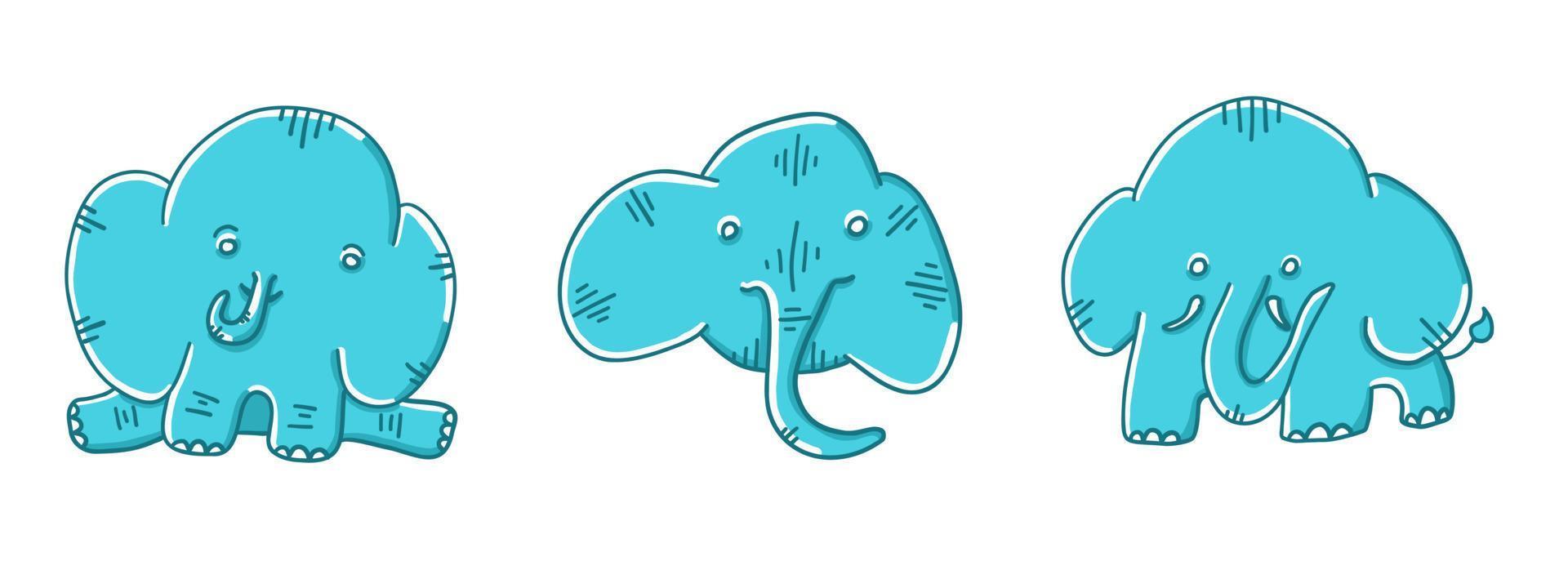 Elephants set with faces situations. Vector illustration in cartoon flat style isolated on white background.