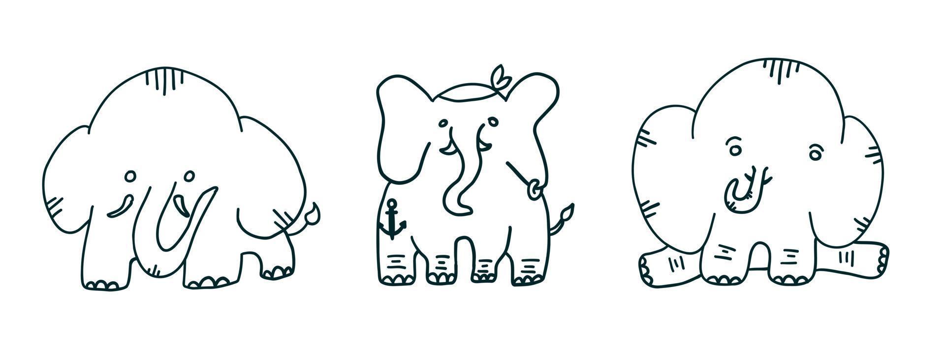Elephants set with faces situations. Vector illustration in outline cartoon flat style isolated on white background.