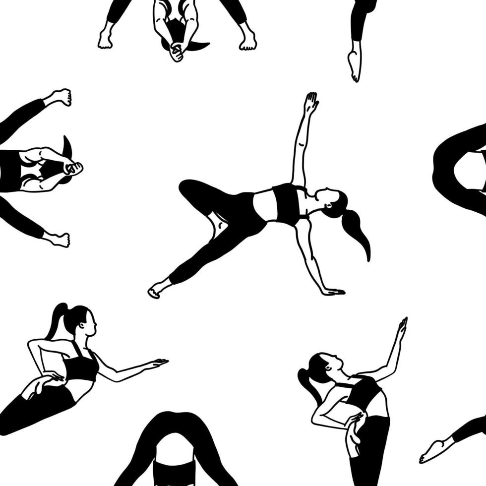yoga plantea papel tapiz de patrones sin fisuras. en blanco y negro. mujer mujer niña. ilustración vectorial en estilo plano aislado sobre fondo blanco. vector