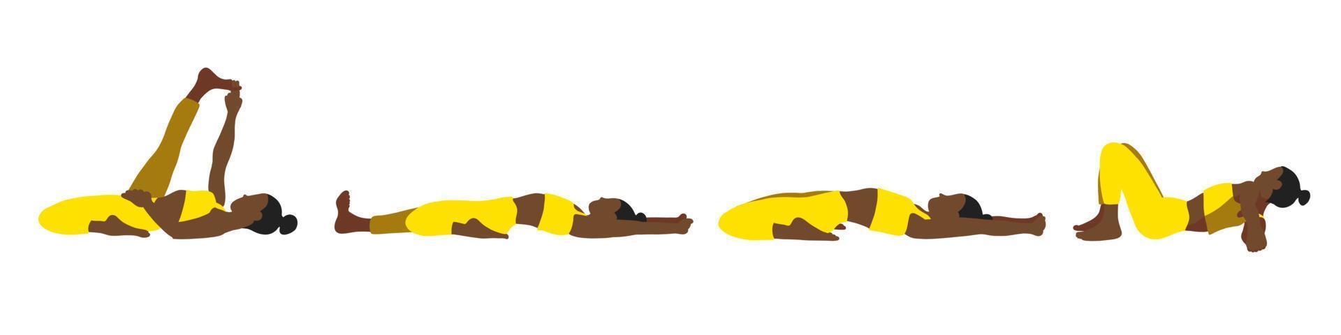 Yoga poses collection. African American. Female woman girl. Vector illustration in cartoon flat style isolated on white background.