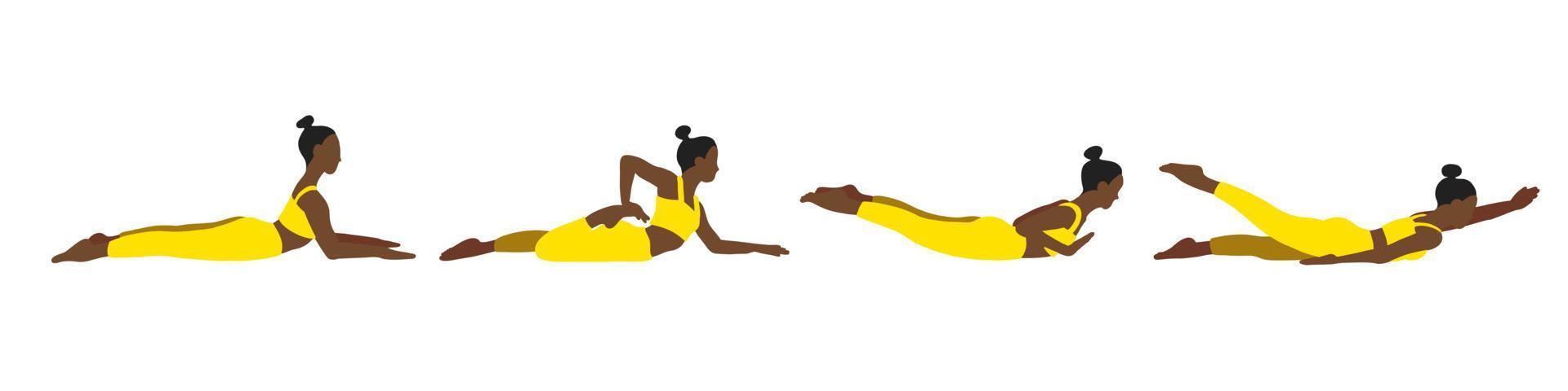 colección de posturas de yoga. afroamericano. mujer mujer niña. ilustración vectorial en estilo plano de dibujos animados aislado sobre fondo blanco. vector