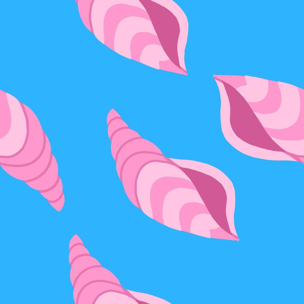 Pink ocean sea shell. Seamless pattern. Vector illustration in cartoon flat style isolated on blue background.