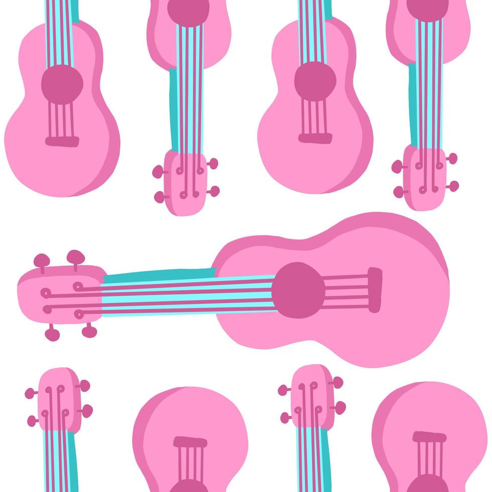Pink guitar seamless pattern. Hawaiian Ukulele. Vector illustration in cartoon flat style.