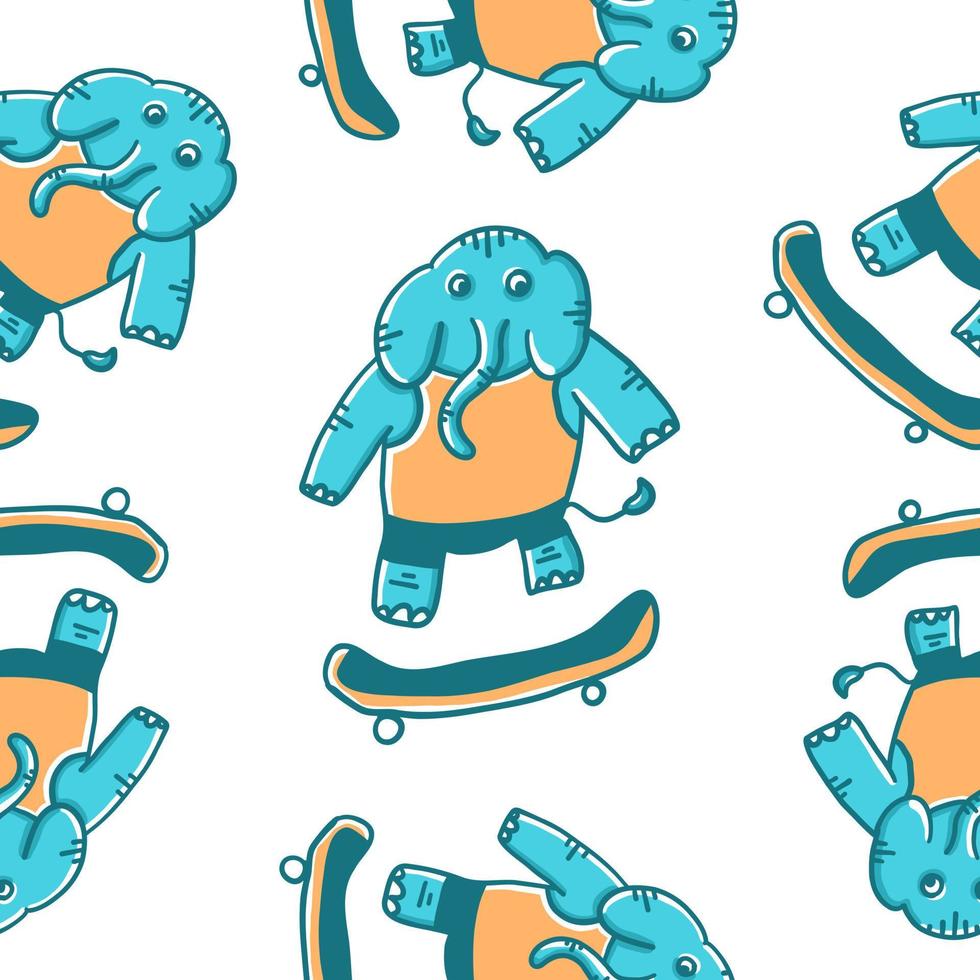 Elephant-skateboarder. Vector seamless pattern in cartoon flat style isolated on white background.