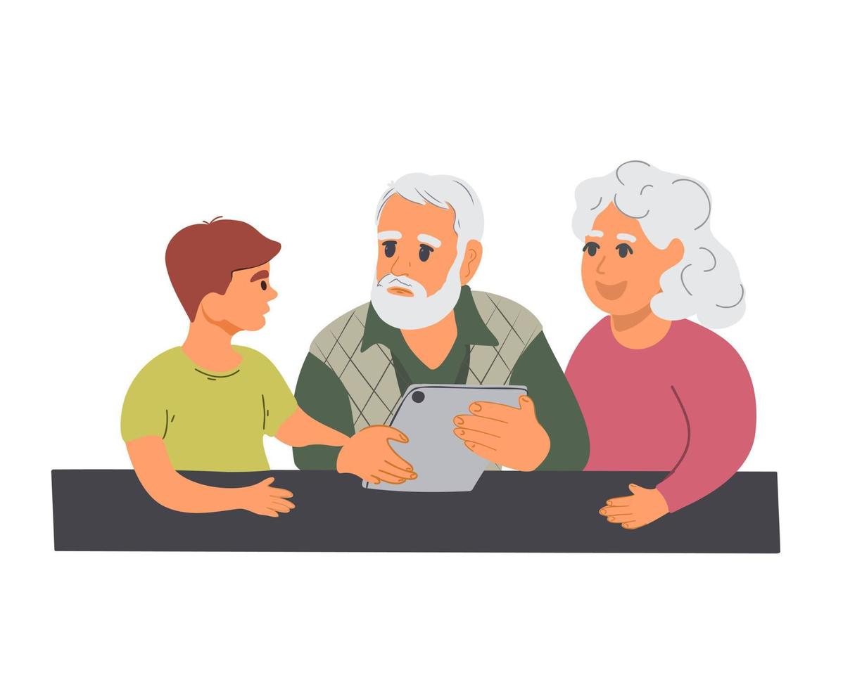 Elderly man and woman with baby boy looking at tablet vector