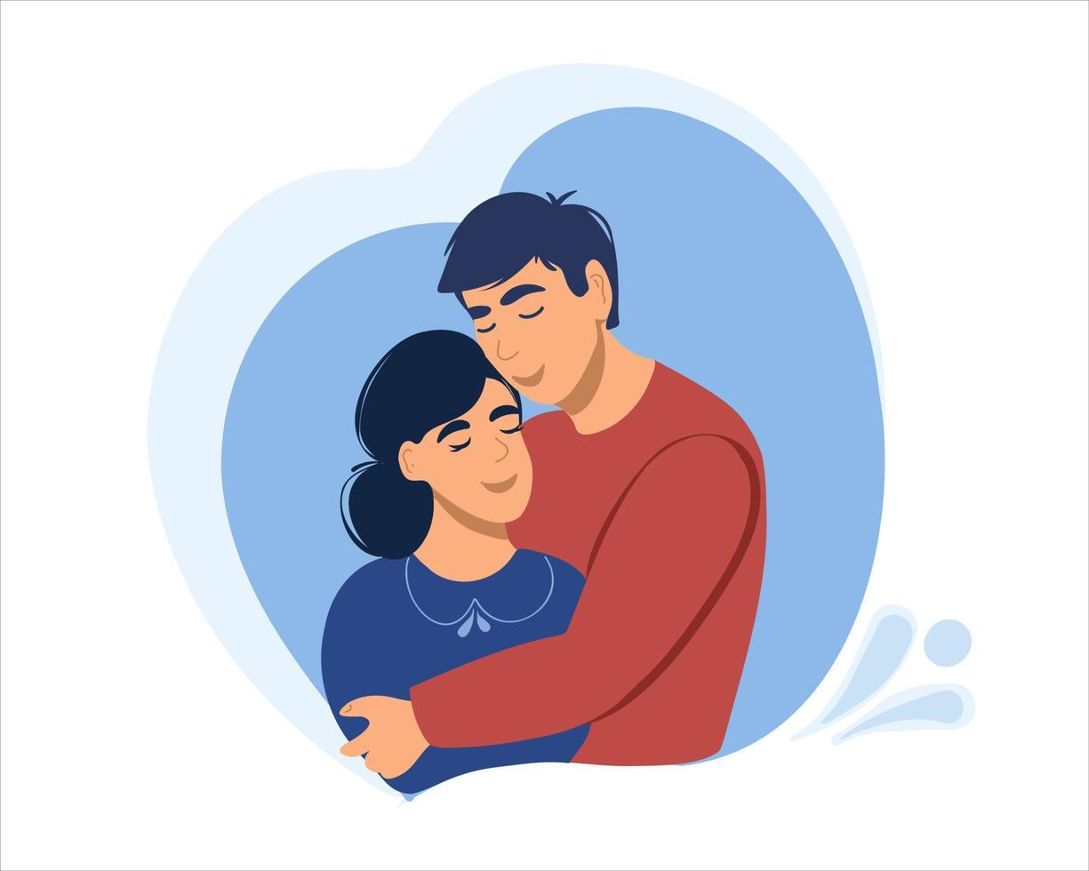 Happy and romantic man hugging a woman. Young married couple spend time happily together. vector