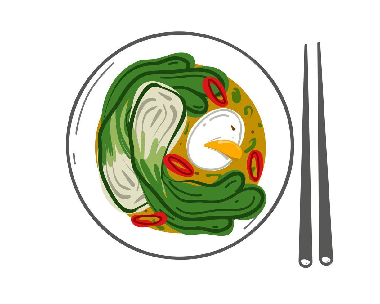 Soup with pak choi and poached egg. Top view vector