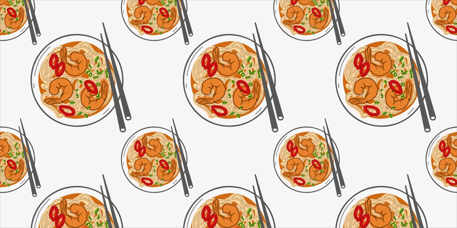 Seamless pattern with Chinese soup with shrimp and noodles. vector