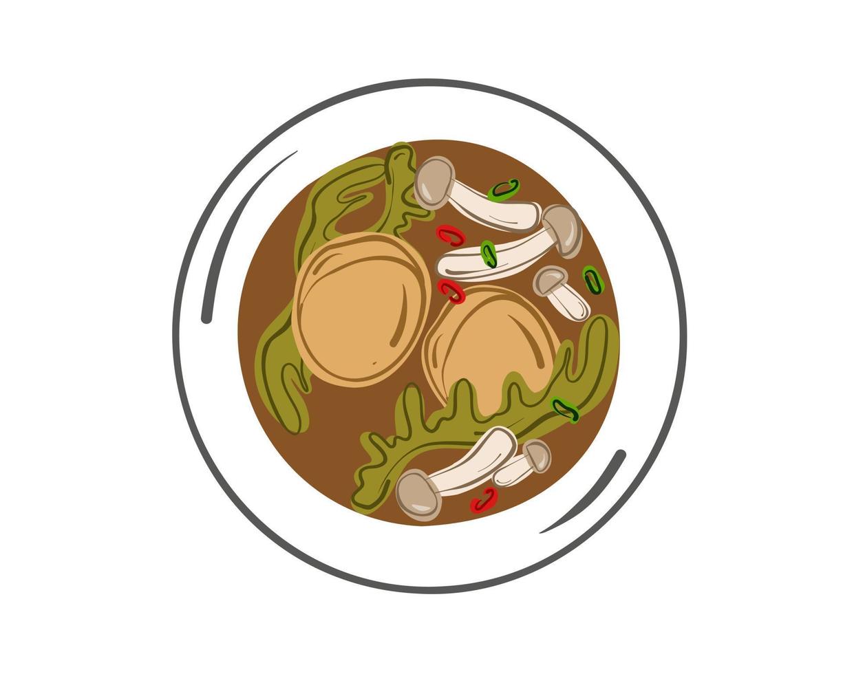 Seaweed soup with scallops. Top view vector