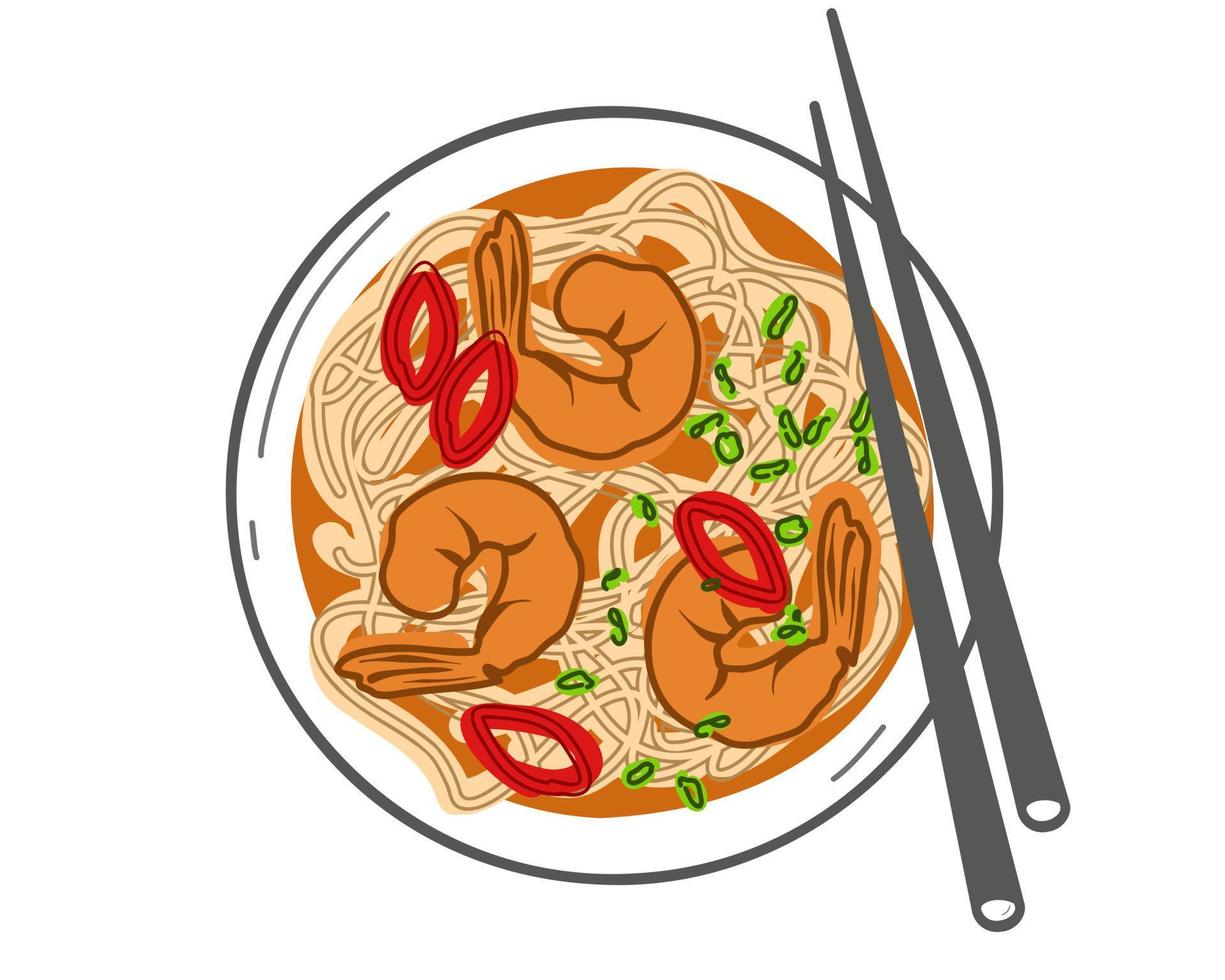 Chinese soup with shrimp and noodles. View from above vector